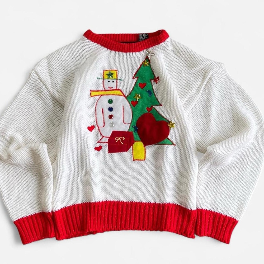 Vintage Work In Progress White & Red Knit Embroidered  Snowman Christmas Sweater